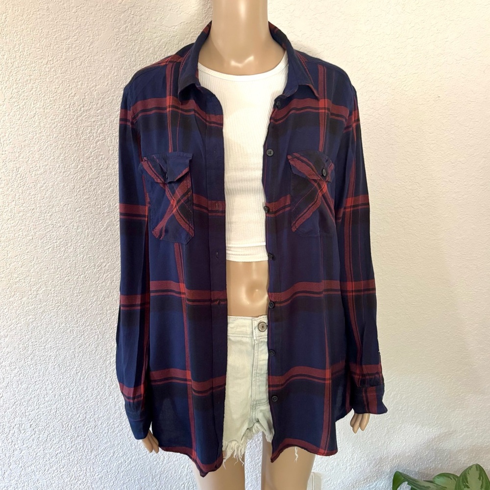 BDG Women’s Navy & Red Plaid Oversized Long Sleeve Flannel Shirt